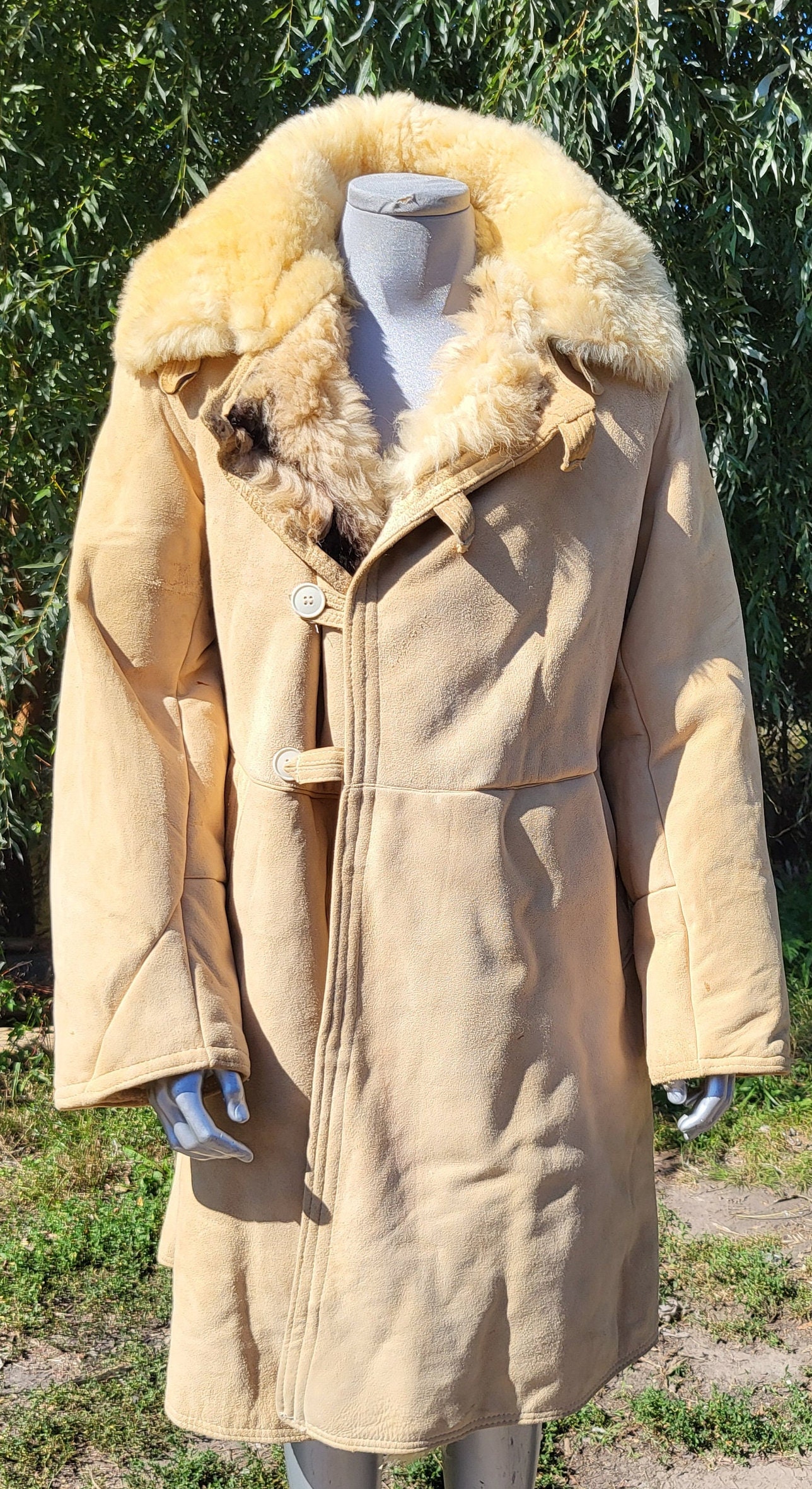 Vintage Soviet USSR Bekesh Sheepskin Coat Warm Lined Winter