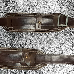 Vintage leather shoulder harness, adjustable brown strap system, retro utility gear
