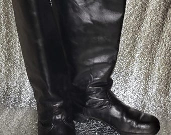 Vintage 1980s Tall Black Chrome Leather Boots, Rare Wide Calf Retro Footwear USSR