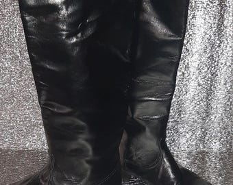 Vintage Tall Black Chrome Leather Boots, Rare Old Era Riding Style