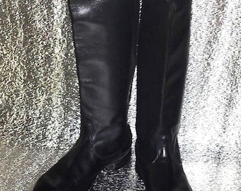 Vintage 1960s Black Chrome Leather Tall Boots, GDR Elegant Retro Footwear