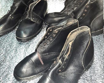 Vintage lace-up kirza boots, rare old-era footwear, classic black retro shoes