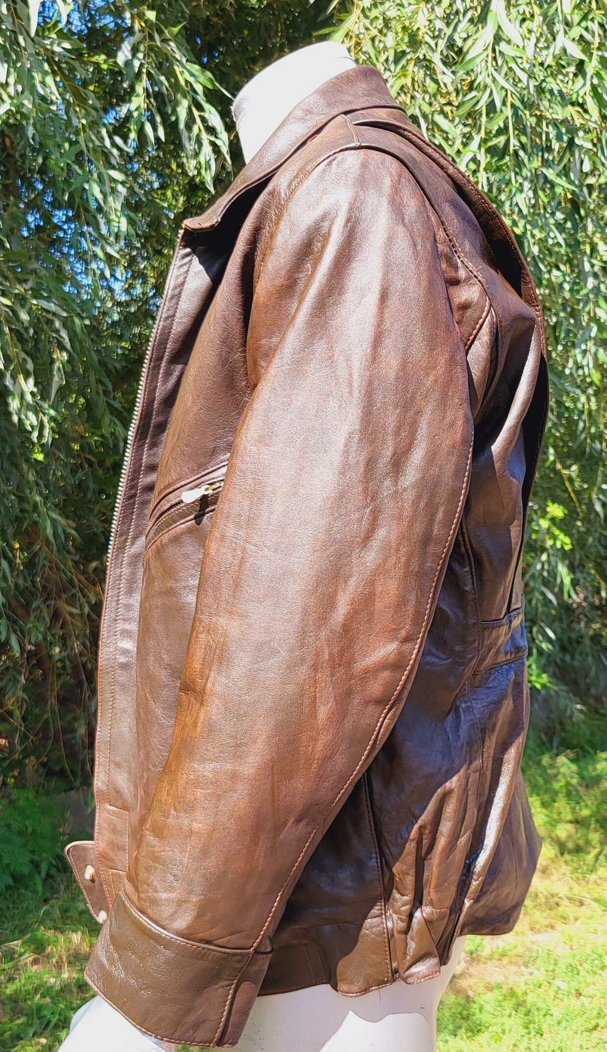 Vintage Soviet Brown Leather Jacket Zip Front Classic Collar Aged