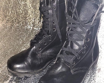 Vintage black leather lace up boots, high ankle, classic old-era footwear