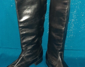 Vintage black chrome leather tall boots, 1970s collectible footwear, classic retro design