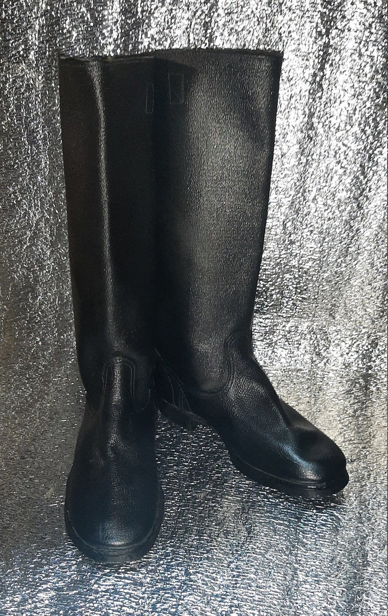 May include: A pair of black leather boots with a pointed toe and a tall shaft. The boots are made of a smooth, textured leather and have a simple design.