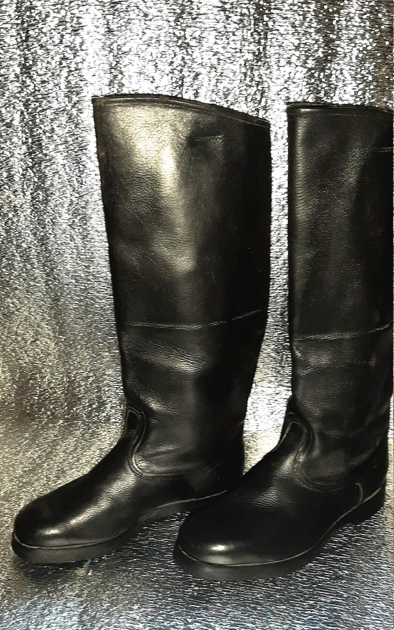 Vintage Soviet Black Yuft Leather Tall Boots Micropore Sole