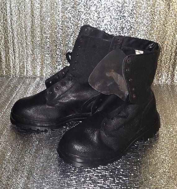 Vintage Black Leather Lace-Up Boots, Tall Classic Footwear, Sturdy Old-Era Style