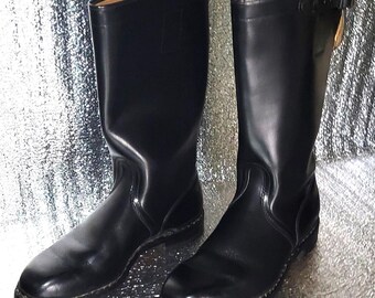 Vintage 1970s Black Leather Tall Boots, German Minimalist High Shaft Retro Footwear