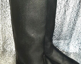 Vintage Soviet Tall Kirza Boots, Classic Black USSR Footwear