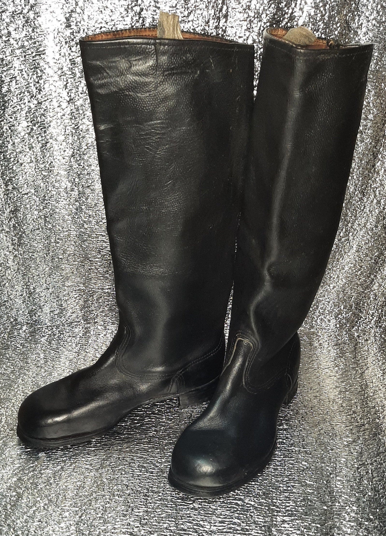 Vintage 1950s Black Leather Tall Boots, Soviet Era Rare