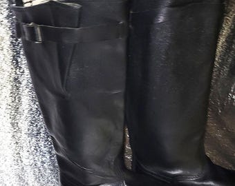 Vintage 1970s Yuft Tall Leather Boots, Rare Black Riding Style High Boots USSR