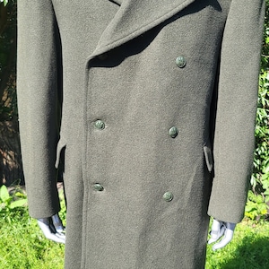 Vintage wool overcoat, dark green long coat, 1990s heavy wool outerwear, classic retro winter coat