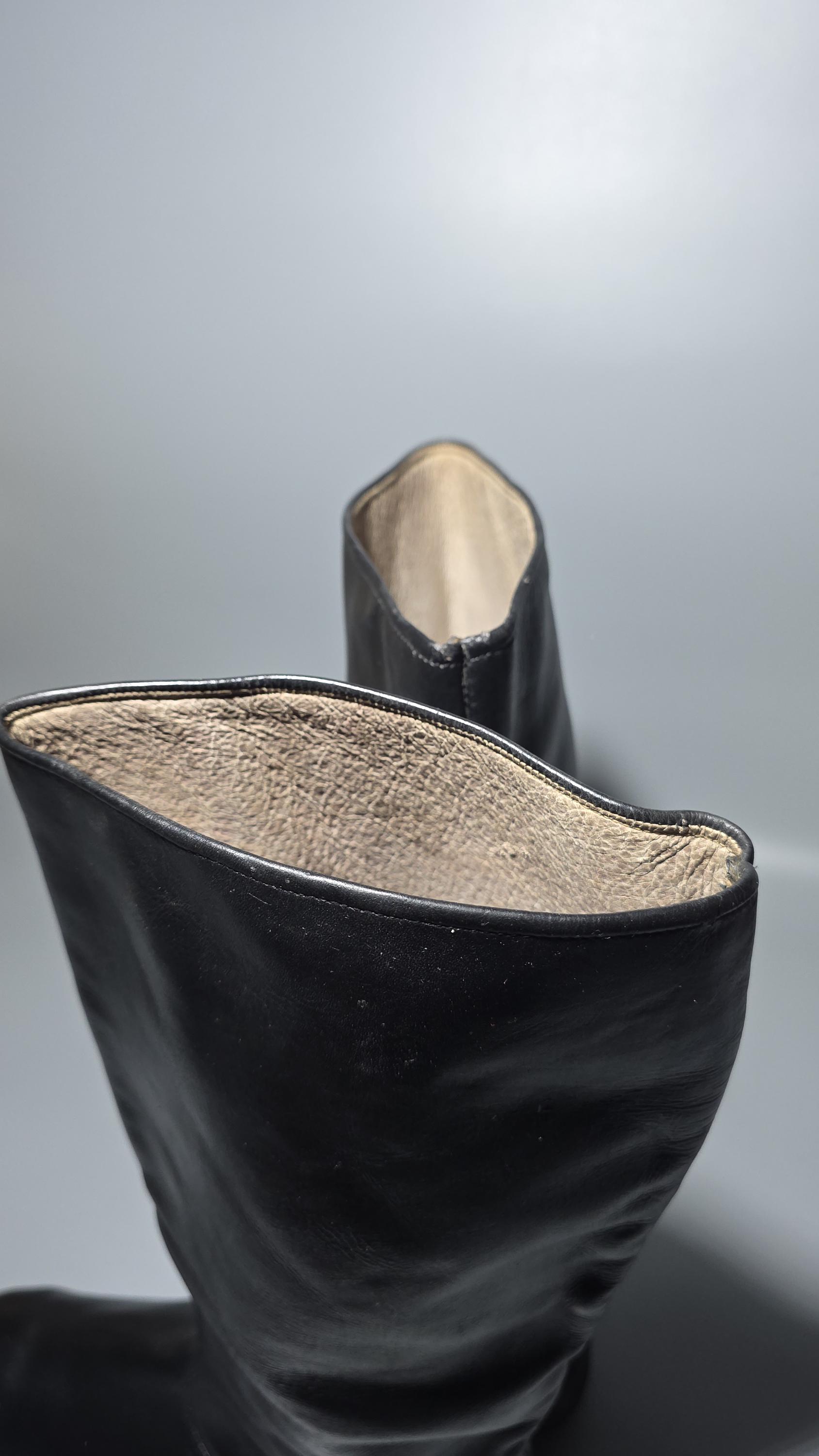 Vintage 1950s Shiny Black Leather Tall Boots, Smooth Pull on Style