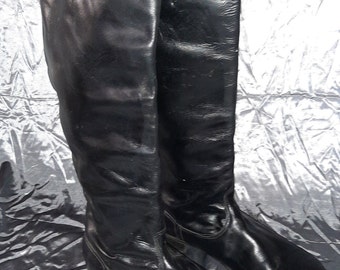Vintage tall chrome leather boots, 1970s, genuine black glossy boots, classic factory-made footwear