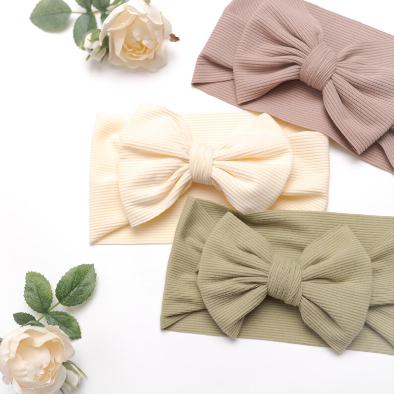 Ribbed Baby Bow Headband SET, Neutral Colors Baby Girl Headbands, Newborn Headbands, Infant Hair Bows, Neutral Baby Bows, Baby Girl Gift. image 9