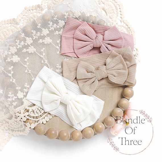 Ribbed Baby Bow Headband SET,  Neutral Colors Baby Girl Headbands, Newborn Headbands, Infant Hair Bows, Neutral Baby Bows, Baby Girl Gift.