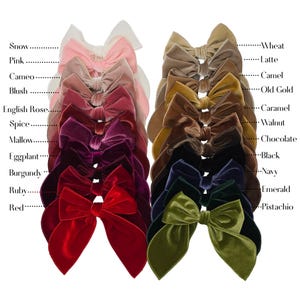 Puede incluir: Un conjunto de 16 lazos de pelo de terciopelo en varios colores, incluyendo nieve, rosa, camafeo, rubor, rosa ingl&eacute;s, especias, malva, berenjena, burdeos, rub&iacute;, rojo, trigo, latte, camello, oro viejo, caramelo, nuez, chocolate, negro, azul marino, esmeralda y pistacho.