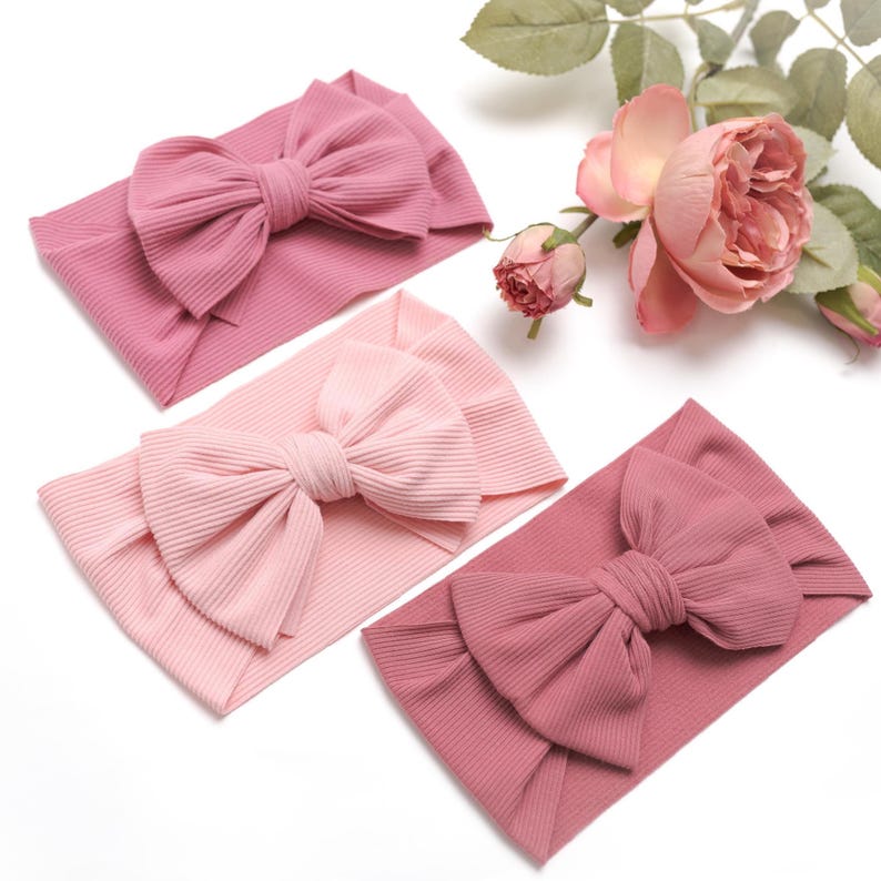 Ribbed Baby Bow Headband SET, Neutral Colors Baby Girl Headbands, Newborn Headbands, Infant Hair Bows, Neutral Baby Bows, Baby Girl Gift. image 4