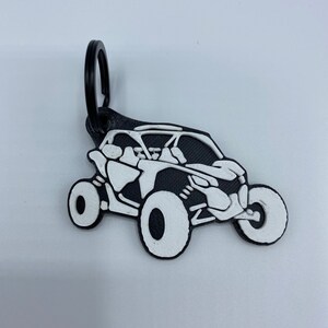 以下が含まれることがあります： 黒と白のキーホルダーで、白いオフロード車の横顔が描かれており、黒いリングが付いています。