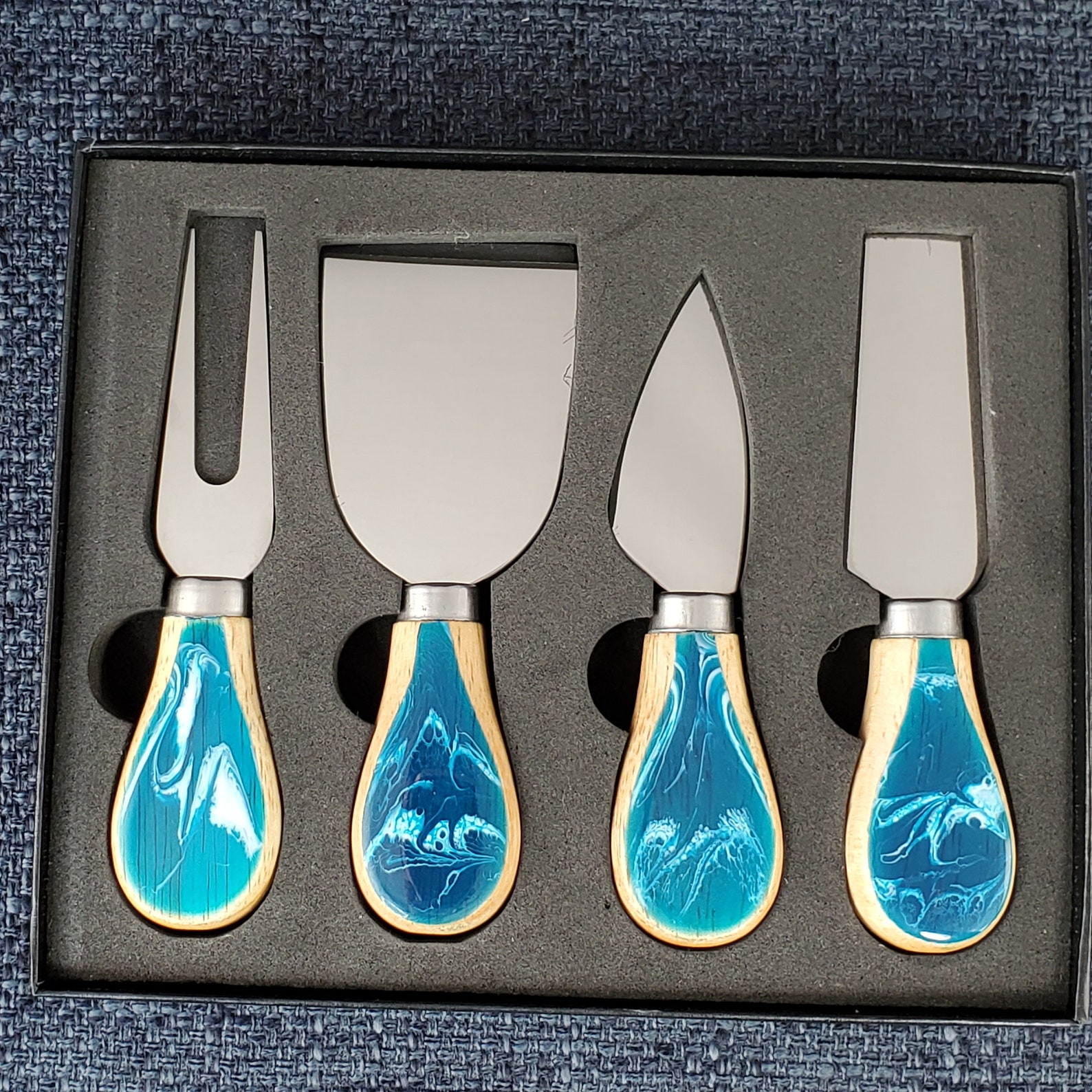 Cheese Knife Set with Gift Box Shades of White and Blue for Etsy