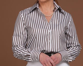 Brown and White Striped Cotton Blouse: European Made Easy Care Shirt