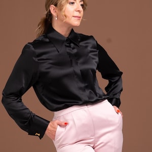 Black Pure Mulberry 100% Silk Blouse | Elegant French Cuff Silk Button Up Shirt | Women&#39;s Formal Silk Blouse I Christmas Gift for Women