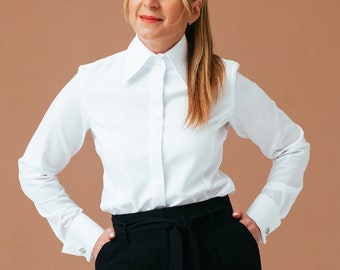 White Blouse for Women, Womens Tuxedo Shirt, NO IRON Cotton French Cuff Shirt for Women, Womens Clothing Tops Button Down Shirt, Evening Top