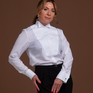 White Cotton Tuxedo Shirt for Women: Piqué Detail, Wing Collar, French Cuffs for Cufflinks, Formal Blouse
