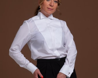 White Cotton Tuxedo Shirt for Women: Piqué Detail, Wing Collar, French Cuffs for Cufflinks, Formal Blouse