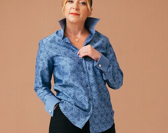 Premium quality blue paisley shirt women's with French cuffs. Elegant blouse, button down shirt for women, womens clothing tops