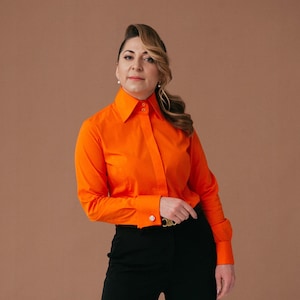 Trendy Orange Blouse Long Sleeve, Stretch Cotton French Cuff Blouse, High Collar Shirt for Women, Button Down Shirt, Button UP Shirt Women