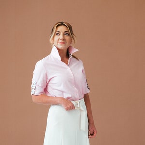 Feminine Pink Linen Blouse Ladies Button-Up Shirt Breathable Linen Clothing Women's Linen Shirt Elegant Button-Down Top image 4