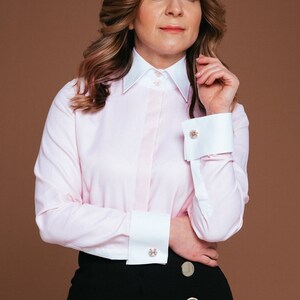 Pink Blouse French Cuff Shirt for Women High Collar Shirt Button