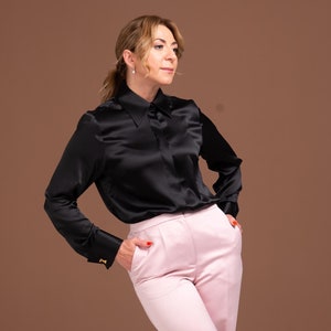 Luxurious Black Mulberry Silk Blouse with French Cuffs – Perfect for formal occasions