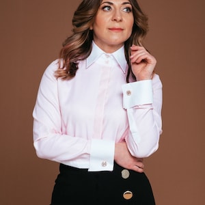 Elegant Pink Womens Blouse Cotton with French Cuffs and High Collar for Women, Button up shirt women, Womens clothing tops button down
