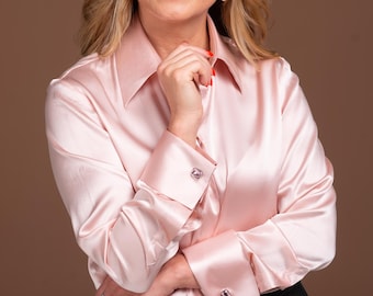 Luxury Pink Pure Mulberry Silk Blouse with French Cuffs, Satin Blouse, Silk Shirt women, Silk Top Button Down, Silk Clothing Women