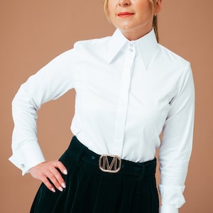 White French Cuff Shirt for Cufflinks, White Blouse for Women with High Collar. Formal Tailored Shirt for Women, Clothing Tops Button Down