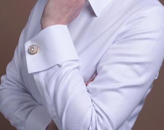 White Herringbone French Cuff Blouse Button Up: 100% Cotton Women's Dress Shirt