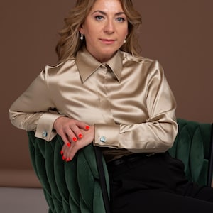 Pure Mulberry Silk Blouse: Gold Button-Up Shirt for Women with French Cuffs. Luxury quality silk shirt. Silk Clothing for Women