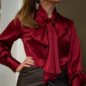 12 colors Pure Mulberry Silk Bow Blouse, Elegant Satin Shirt with Statement Sleeves, Designer Silk Blouse Women by Da Donna Blouses