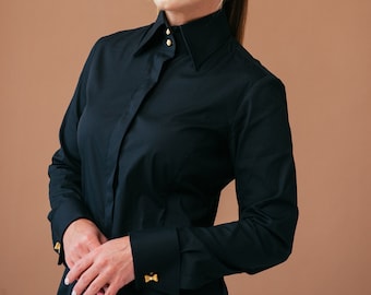 Formal Black French Cuff Shirt for Women: Elegant French Cuff Blouse Slim Fit with High Collar. Luxury Black Blouse with Gold Buttons