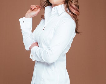 White blouse for women, White shirt women with hidden buttons French cuff blouse, fitted stretch blouse for women Luxury button down shirt