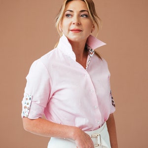 Feminine Pink Linen Blouse Ladies Button-Up Shirt Breathable Linen Clothing Women's Linen Shirt Elegant Button-Down Top image 1