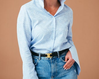 Blaue Paisley-Bluse mit französischer Manschette: Damenbaumwollhemd mit Knöpfen, Damenbekleidung, Oberteile Bluse mit Knöpfen, Damenhemd