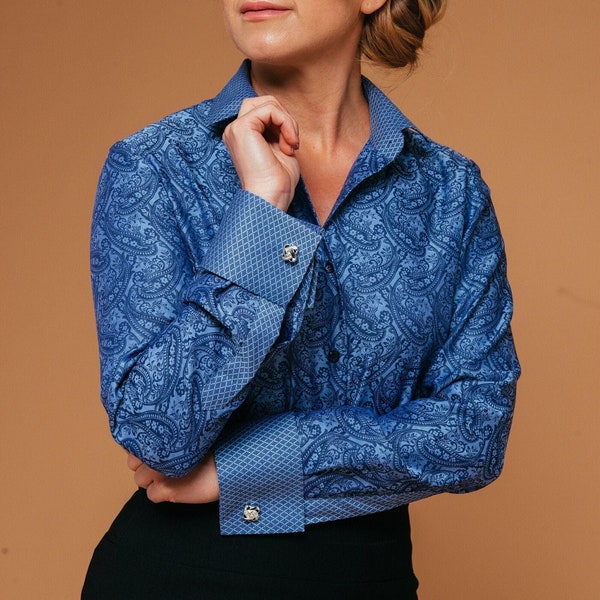 Premium quality blue paisley shirt women with French cuffs. Elegant blouse, button down shirt for women, unique womens clothing tops