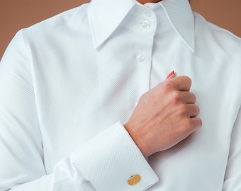 White blouse with high collar and French Cuffs blouse for women, white collared shirt women, button down shirt, high collar shirt button up