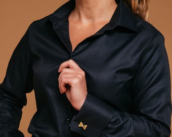Blusa negra ajustada con puños franceses: elegante camisa de negocios de algodón, blusas de mujer con botones, camisa negra con botones