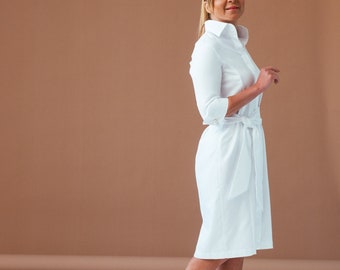 White Shirt dress with belt, Elegant cotton casual midi dress, Button up dress, Luxury button down dress, Womens clothing dresses elegant