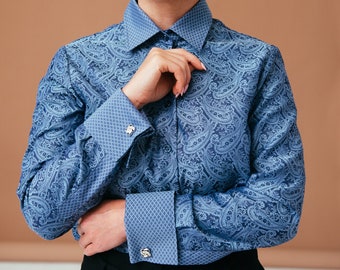 Premium quality blue paisley shirt women's with French cuffs. Elegant blouse, button down shirt for women, womens clothing tops